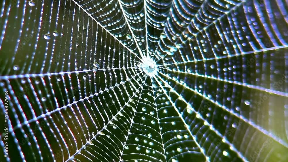 Wall mural detailed view of a spiderweb covered with morning dew clinging to the delicate structure with a gree