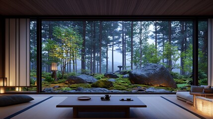Fototapeta premium Tranquil Japanese-style living room with a view of a misty forest