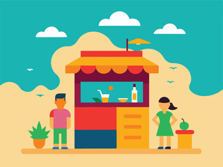 Summer Beach Drinks Stand with Young Boy and Girl Customers