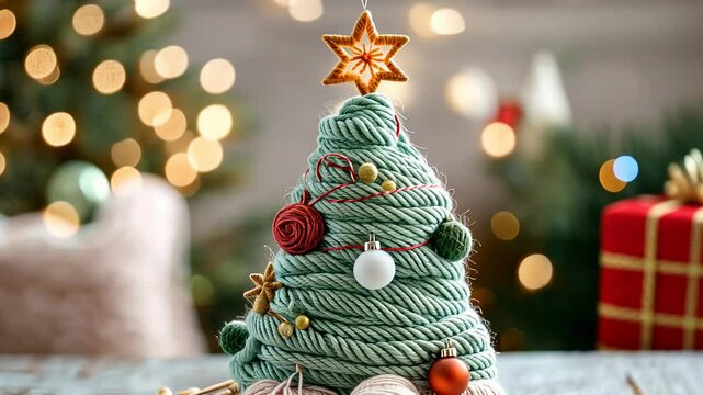 Handmade yarn christmas tree decor with festive lights and creative holiday craft ideas.