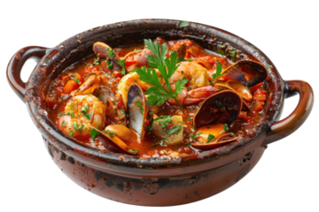 A vibrant seafood stew in a rustic pot, garnished with herbs, served on a wooden table