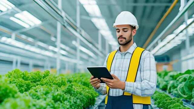 A male agricultural engineer in a hard hat and safety vest monitors lettuce rows with a digital tablet inside a high-tech greenhouse. Concept of smart farming and sustainable food production.