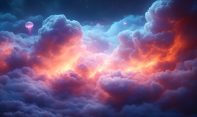 Fototapeta premium Fiery clouds loom in an ethereal sky, lit by glowing light, with jellyfish floating above