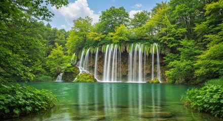 Serene waterfall scene in lush green forest