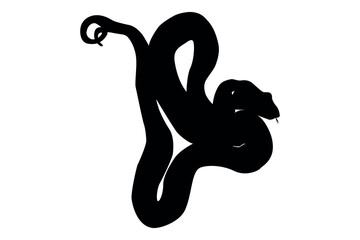 Elegant black silhouette of a coiled snake with its head raised and tongue flickering against a white background