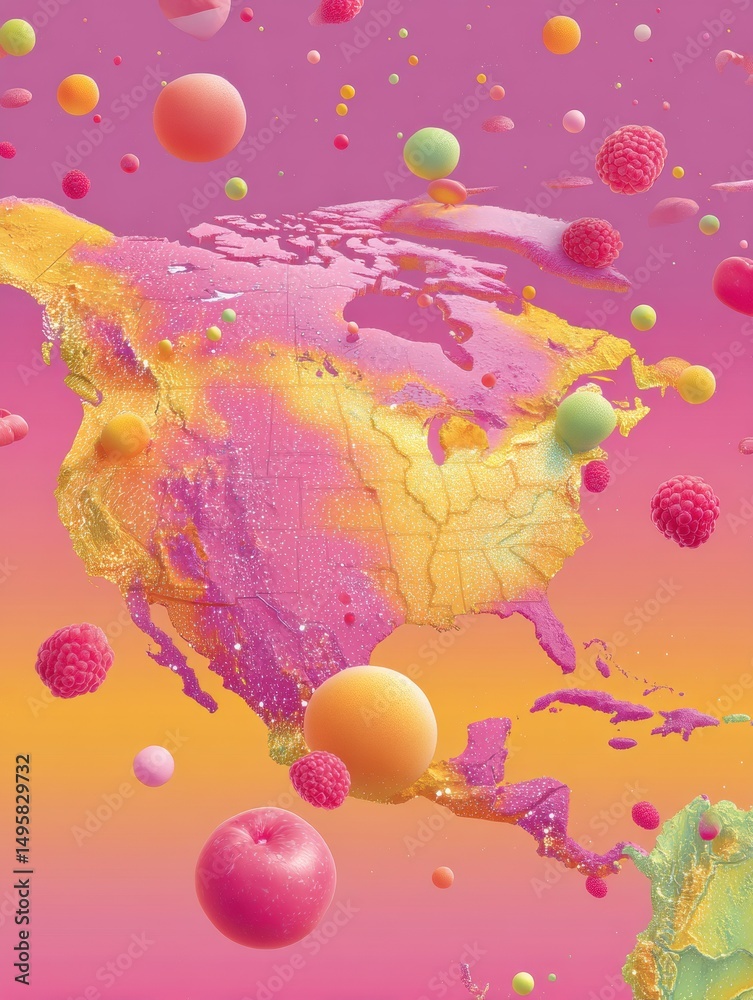 Poster surreal cartographic fantasy vibrant north america map with floating fruits in gradient cosmos - inn