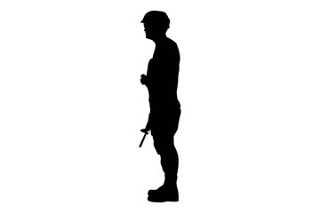 Silhouette of a man in a helmet holding a tool standing against a white background
