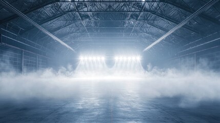 Mysterious Industrial Setting: Foggy Warehouse with Dramatic Lighting