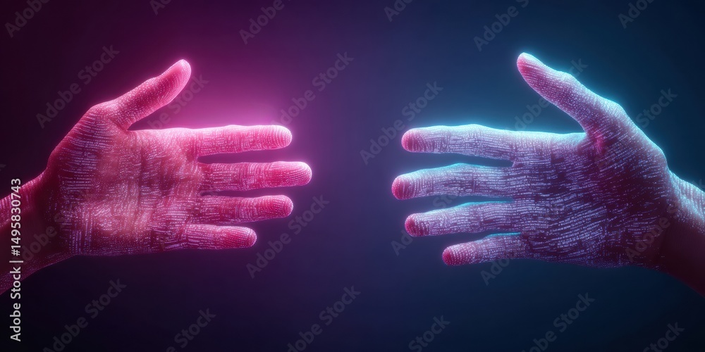 Aufkleber Futuristic Digital Connection AI-Enhanced Holographic Hands in Vibrant Neon Spectrum - Immersive Tech Experience Visualizing Human-Machine Interaction