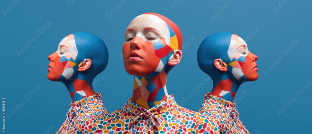 Poster neo-chromatic identity geometric avant-garde portrait exploring digital persona, emotional fragmenta