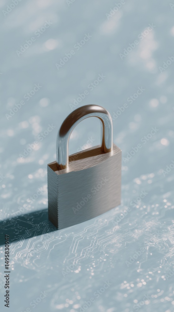 Leinwandbilder Minimalist Cybersecurity Paradigm Metallic Padlock on Frosted Digital Landscape - Next-Gen Data Protection and Zero-Trust Network Security Visualization