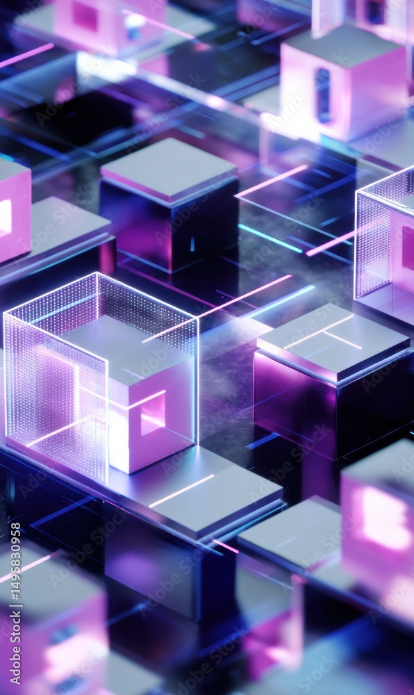 Aufkleber cyberpunk digital landscape immersive isometric metaverse with luminescent geometric cubes - futuris