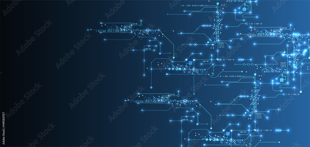 Poster Digital circuit visualization vector background.  Blue board pattern with interconnected lines, nodes, and binary code.
