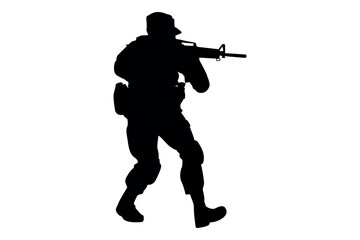 Silhouette of a soldier aiming a rifle wearing a hat and tactical gear ready for action