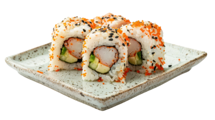 Colorful sushi rolls with crab and avocado on a decorative plate, isolated view