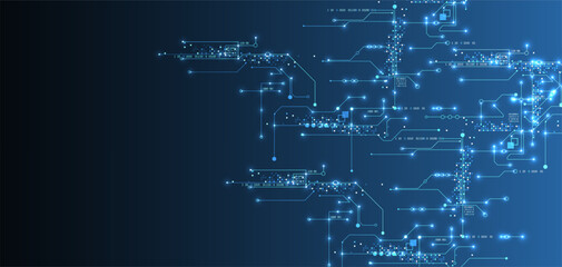 Digital circuit visualization vector background.  Blue board pattern with interconnected lines, nodes, and binary code.