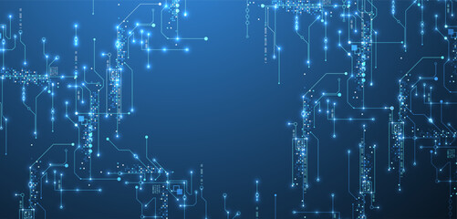 Digital circuit visualization vector background.  Blue board pattern with interconnected lines, nodes, and binary code.