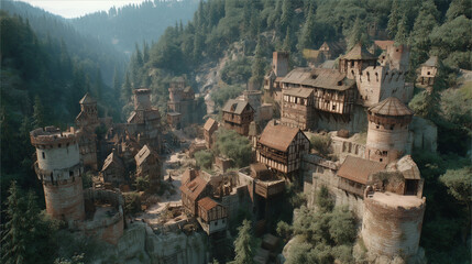 Obraz premium Medieval Village Built on a Hillside Surrounded by Dense Forest During the Late Afternoon