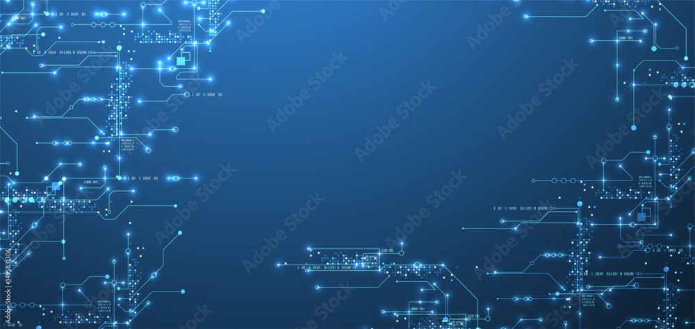 Fototapete Digital circuit visualization vector background.  Blue board pattern with interconnected lines, nodes, and binary code.