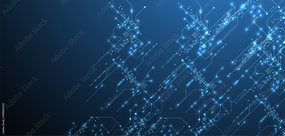 Aufkleber Digital circuit visualization vector background.  Blue board pattern with interconnected lines, nodes, and binary code.