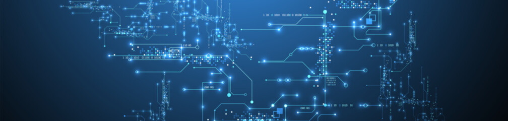 Digital circuit visualization vector background.  Blue board pattern with interconnected lines, nodes, and binary code.