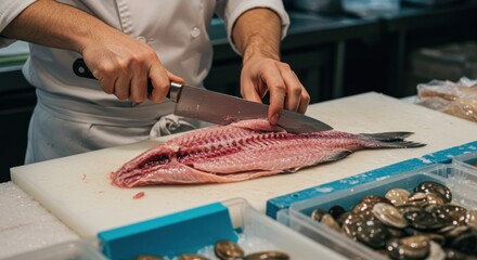 Chef Preparing Fish - Culinary Arts Photography, Seafood Preparation, Fish Filleting Photo