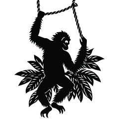 Orangutan Silhouette Swinging on Vines Tropical Rainforest Illustration