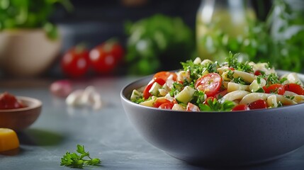 Delicious pasta salad recipe featuring fresh tomatoes, parsley, and zucchini in a gray bowl