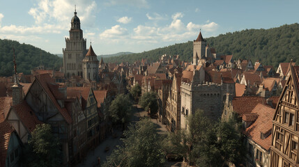 Obraz premium Historic Townscape With Medieval Architecture and Lush Hills Under a Clear Sky