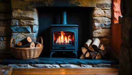 Inside a cottage with a wood burner fireplace, hearth area, and log storage basket.