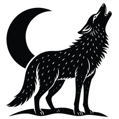 Howling Wolf Under the Crescent Moon A Black and White Illustration