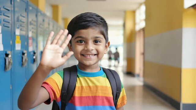 A smiling young Indian boy with a rainbow-striped shirt and backpack waves in a bright school hallway. Concept of childhood friendliness and back-to-school excitement.
