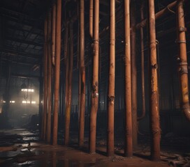 Obraz premium Rusty pipes drip in a dimly lit, abandoned factory , aged, dark
