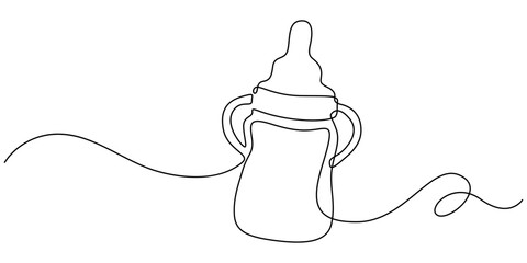 Continuous editable line drawing of baby bottle. Baby milk bottle icon in one line, Continuous one line drawing of baby feeding bottle. Baby drink bottle with love outline vector illustration. minimal