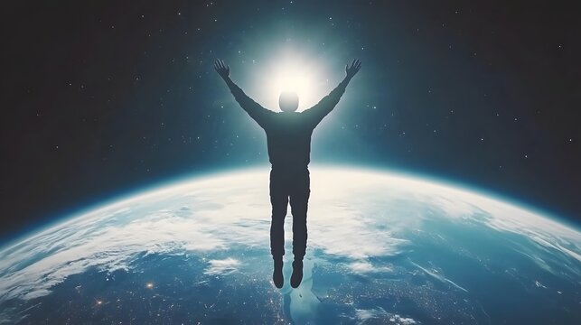 Silhouette of a person soaring above the earth with open arms, bathed in bright light evoking a sense of freedom and infinite possibilities.