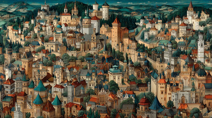 Obraz premium Colorful Medieval Cityscape With Detailed Architecture and Vibrant Rooftops Set Against a Lush Green Background
