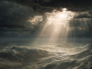 Majestic Sunlight Breaks Through Dark Storm Clouds Over Turbulent Ocean Waves at Dawn