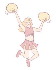 A cheerful cheerleader leaps joyfully, proudly holding her colorful pom poms, embodying the spirit of her performance