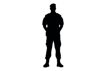 Silhouette of a soldier wearing a beret and uniform standing with hands in pockets on a white background