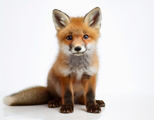 adorable young fox sitting on a white surface showcasing its vibrant fur and curious expression