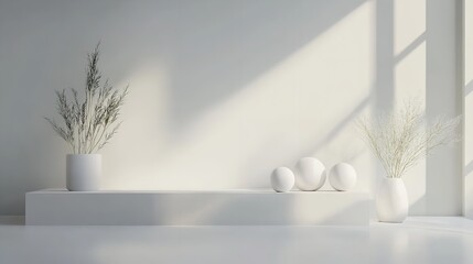 Minimalist vase with dried branches on circular pedestal in light room