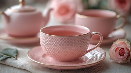Fototapeta premium Elegant pink tea set with roses high resolution photo perfect for romantic backgrounds and designs.