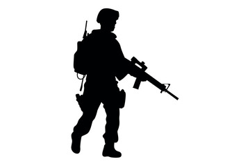 Silhouette of a soldier in full gear walking with a rifle and backpack against a white background