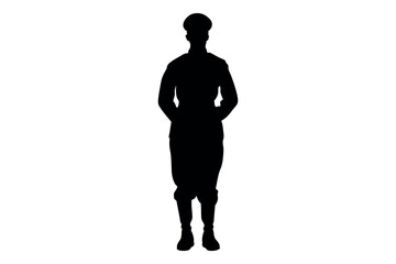 Silhouette of a man in a uniform and cap standing with hands behind his back against a white background