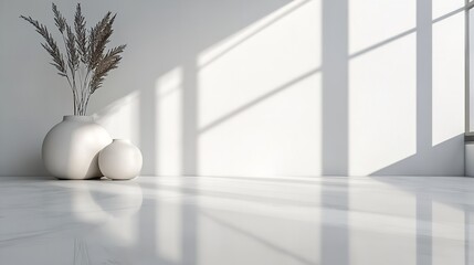Minimalist vase with dried branches on circular pedestal in light room