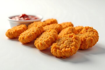 Golden Fried Chicken Nuggets with Ketchup: Crispy and Appetizing Fast Food Delight on a Clean White Background                                        