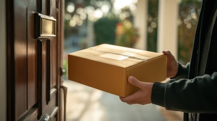 Package delivered to the wrong address by a person standing at a door during late afternoon sunlight