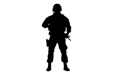 Silhouette of a heavily armed soldier standing with a rifle and tactical gear against a white background