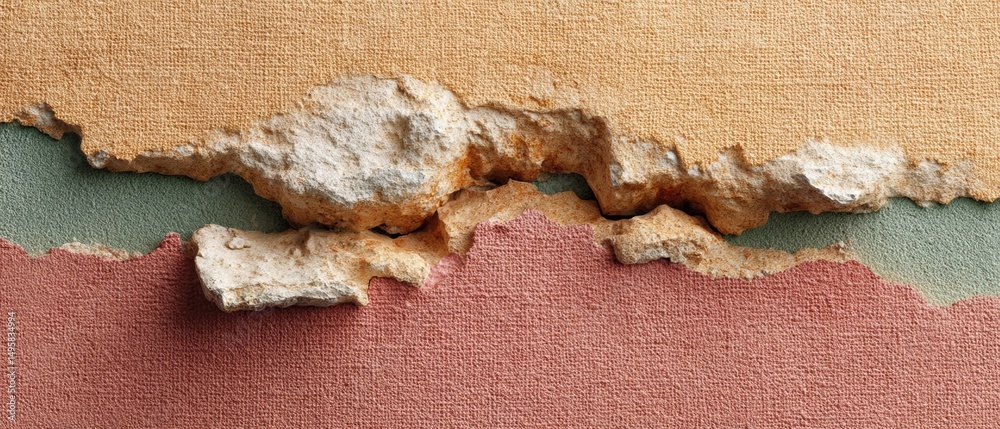 Aufkleber wabi-sabi architectural texture deconstructed wall fragment revealing layered imperfection in sustai