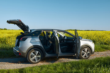 Silver SUV with all doors and trunk open, standing against the background of a field of blooming...
